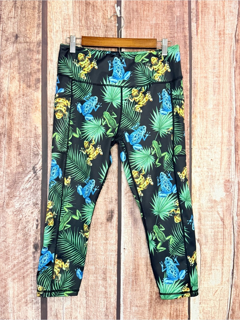 Constantly Varied Gear Black Leggings with Blue, Green & Yellow Frog Print
